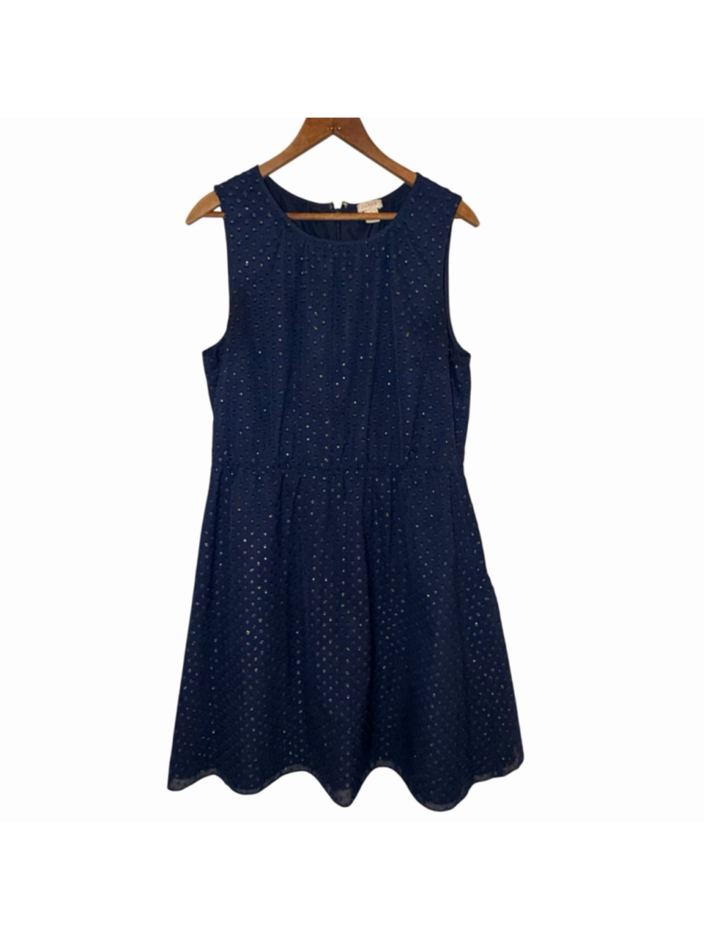 J.Crew Navy Gold Swiss Dot Fit Flare Dress12 Neck Sleevless Lined Mini Workwear - Picture 3 of 13